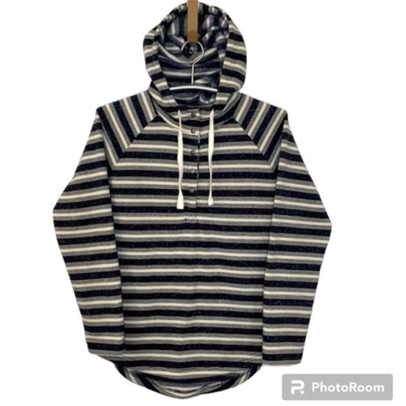 EDDIE BAUER | Women’s Navy Blue & White Horizontal Striped Hooded Sweatshirt, M - Picture 1 of 7